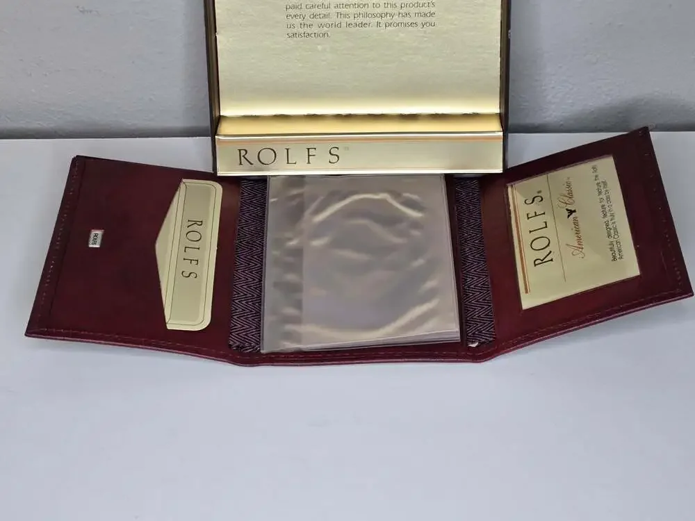 Vintage Rolfs American Classic Burgundy Leather Trifold Wallet with Original Box